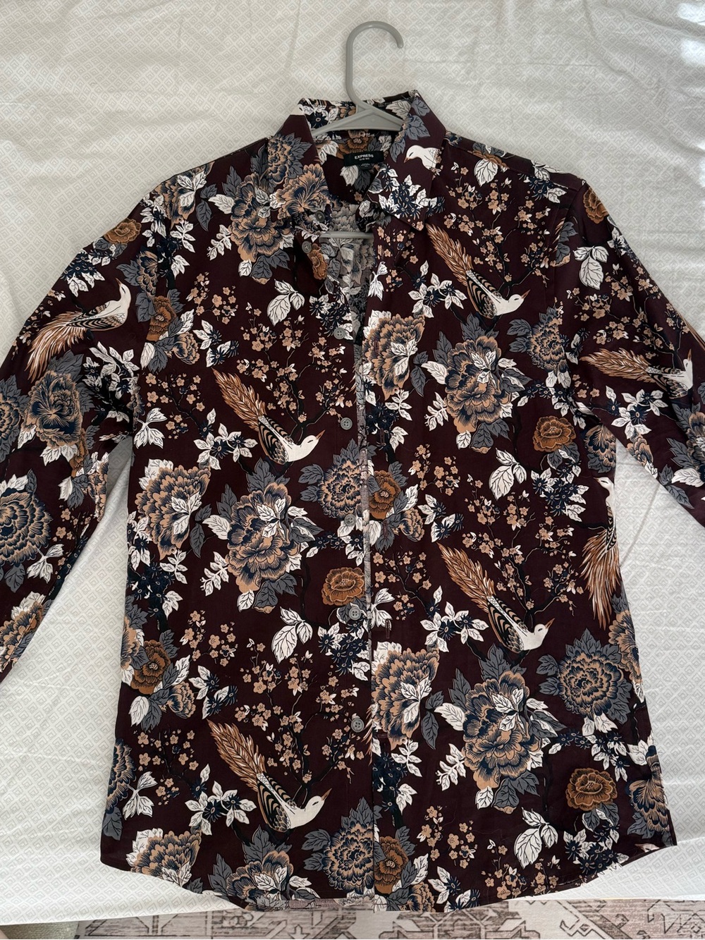 Express Men's Floral Button-Down Shirt - Dark Brown with Cream & Blue Accents